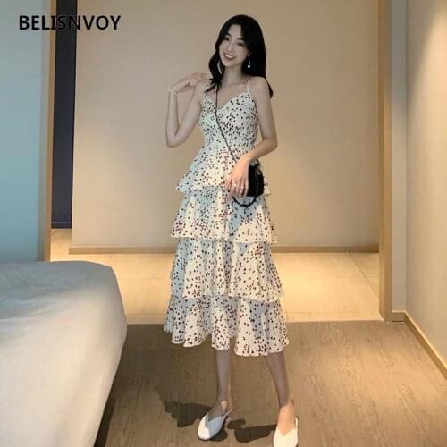 2021 New Summer Sweet Heart Printed Dress Spaghetti Strap Women V-Neck Beach Dresses Chiffon Sleeveless Boho Sundress