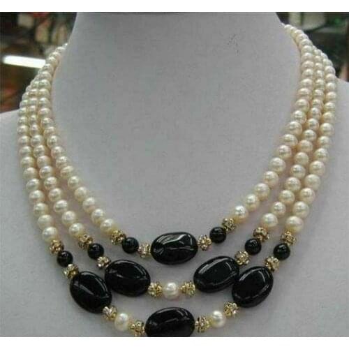 3 Rows Beautiful 7-8mm White Pearl Black 13x18mm Agate Necklace 17-19