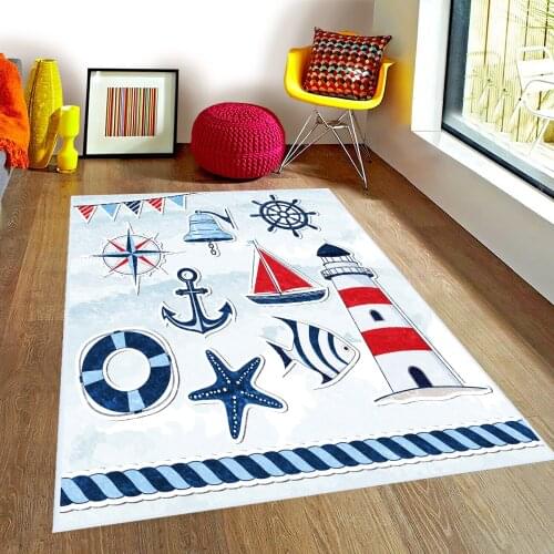 Mavi Çocuk Odası Halısı balık deniz okyanus gemi dümen kanca yıldız deniz feneri beyaz mavi halı