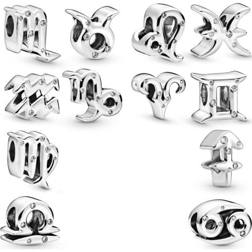 Free Shipping Authentic 925 Sterling Silver Sparkling Zodiac Charm Fit Original Bracelet For Women DIY Jewelry S925 Beads