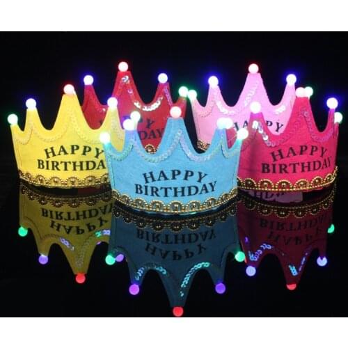 1Pcs LED Light Up Birthday Hat Princess King Happy Birthday Crown Cap Headband Birthday Party Decorations Headband Supplies