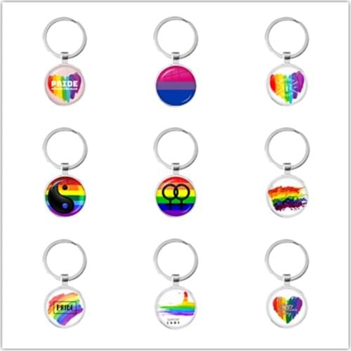 LGBT Keychains Bi Pride 25mm Glass Dome Pendant Key Ring Gay Pride Rainbow Flag Photo Glass Cabochon Jewelry For Women Men lover