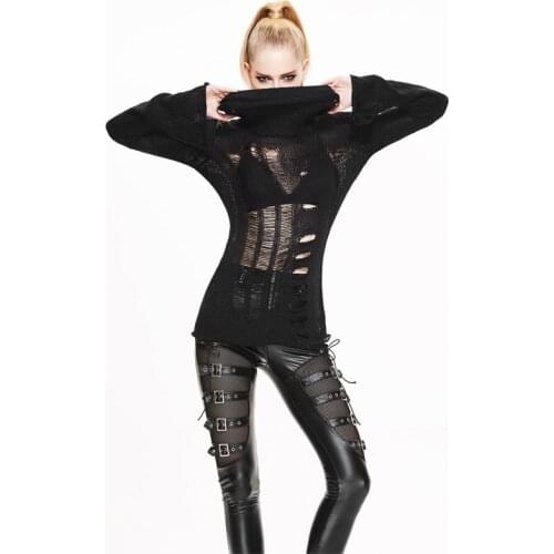 Devil Fashion Punk Sweaters Women Black Hollow Out Sexy Pullover Turtleneck High Elastic Knitted Street Sweaters Tops