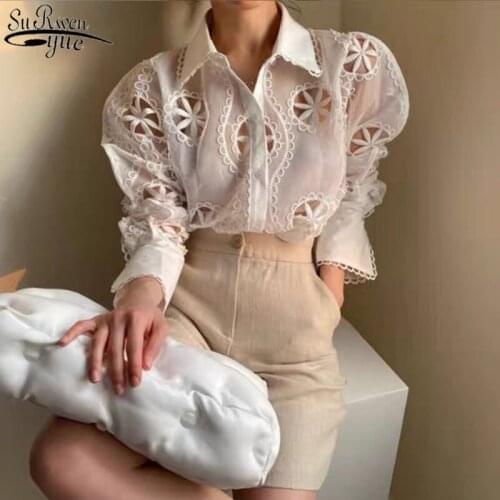 Spring Plus Size Lace White Blouse Women Hollow Out Floral Embroidery High Quality Shirt Sexy See Through Long Sleeve Top 13369