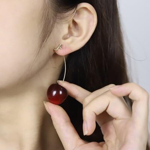 New Fashion 2021 Earrings Women Girls Resin Cute Round Dangle Red Cherry Fruit Long Pendant Earrings Jewelry Gift
