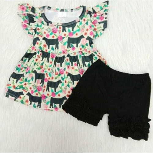 Toddler girl pear shirt and black shorts 2 pieces set girl short sleeve outfit animal and rose pattern clothing set