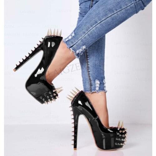 SEIIHEM Women Platform Pumps with Gold Rivets Shiny Stiletto High Heels Sandals Club Party Shoes Woman Large Size 38 39 41 43 45