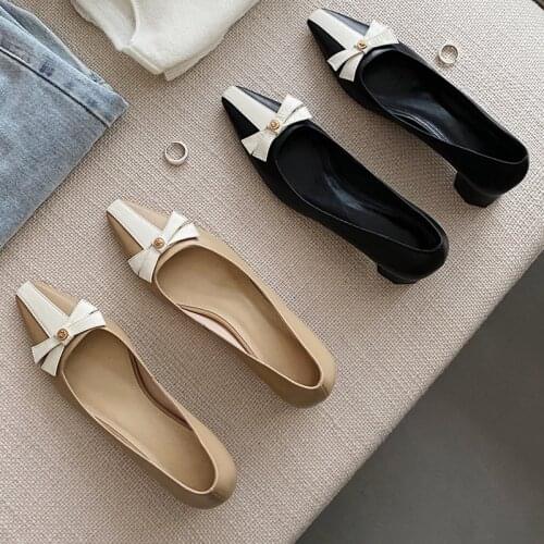 Osunlina New Genuine Leather Pumps Woman Elegant Square Heels High Heels Footwear Butterfly-Knot Decoration Handmade Lady Shoes