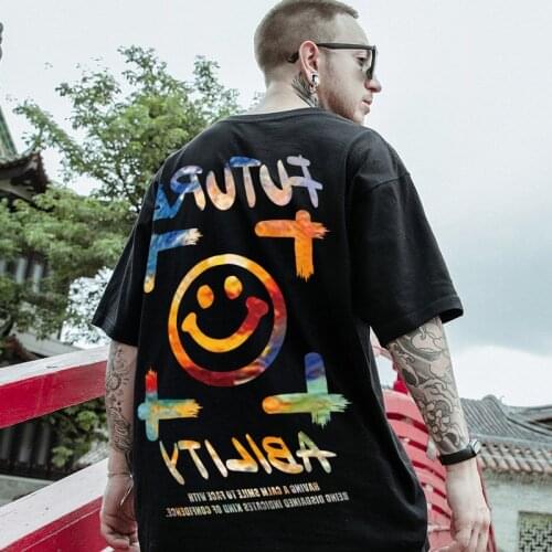 Hip hop cool oversized T-shirt men fashion Streetwear Smiley Printed Short sleeve summer t shirts men t shirt anime
