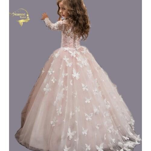 Evening Children Princess Kids Dresses Jewel Long Sleeves Hand made Flower On Sale Free Shipping Party Pageant Little Bride Gown