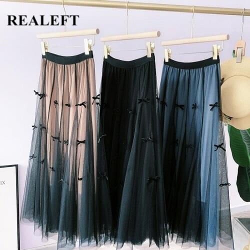 REALEFT 2021 New Spring Summer Vintage Mesh Women Long Skirts Bow Print High Waist Harajuku Umbrella Female Cake A-Line Skirts