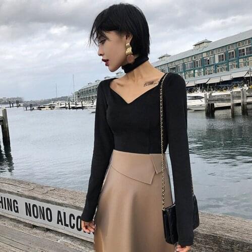 Long Sleeve T-shirt Hanging Neck Bottoming Shirt Womens Tops And Blouses Tshirt Autumn New Slim Fit Slim V-neck Pullover Clothes