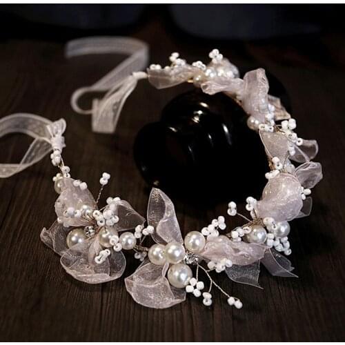 Luxury Light Pink Yarn Flower Pearl Headbands for Women Bridal Handmade Pearl Crown Tiaras Wedding Engagement Hair Accessories