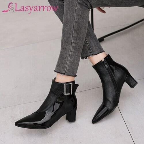 Lasyarrow 2021 Buckle Zipper Pointed Toe Ankle Boots Autumn Winter PU Leather Women Shoes Square Heel Fashion Ladies Pumps