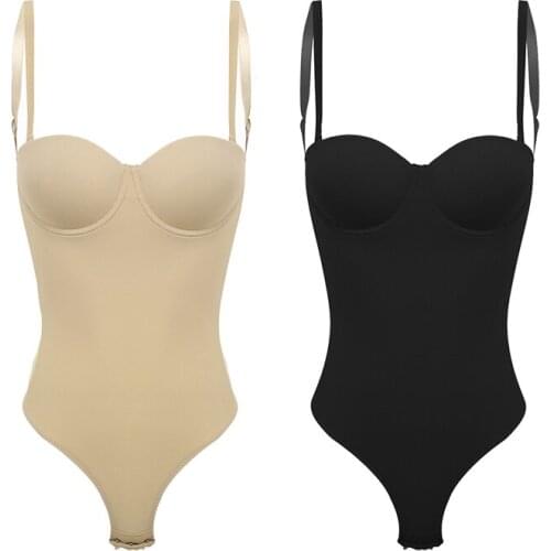 Womens Adjustable Bodysuit Shapewear Spaghetti Straps Underwire Padded Push Up Backless Tummy Control Full Body Shaper Thong