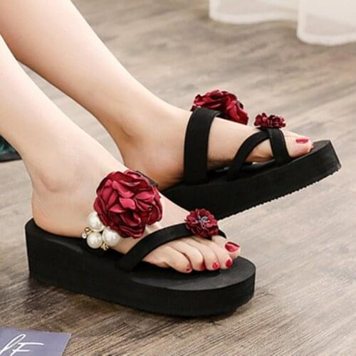 Slope With Flip Flops Women Summer Handmade Bead Flower Fresh Ladies Sandals Thick-Soled Fashion Vacation Beach Slippers