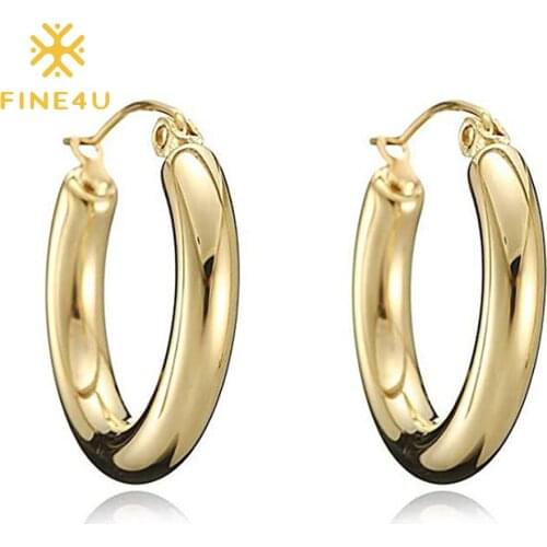 FINE4U E253 Stainless Steel Thick Hoop Earrings Hollow Gold Color 30mm Hoop Earrings for Women
