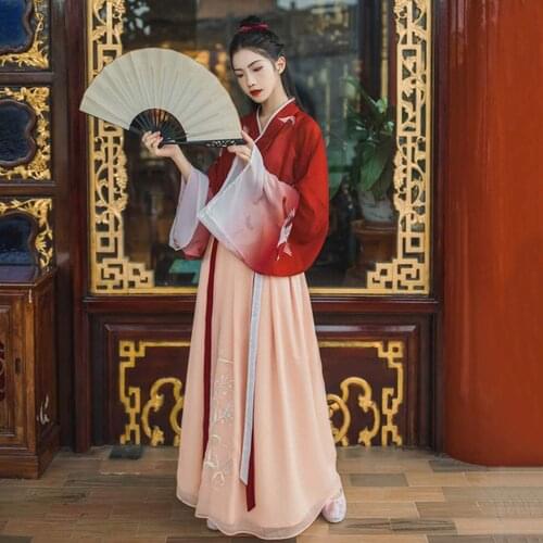 Womens Original Hanfu Suit Chinese Style Waist-length Skirt Straight-sleeved Suit Skirt Middle School Students Ancient Costume
