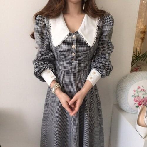 Woman Dress Autumn 2021 New Korean Fashion Elegant Temperament Lapel Plaid Single-breasted Waist Puff Sleeve Dresses with Belt