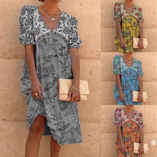 Womens Printed Casual Bubble Sleeve Dress Summer Loose Cool Soft Breathable Holiday Dress Outdoor Beach Vacation Dress