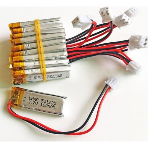 Lot 10 pcs JST XHR 2.54mm 2pin 3.7V 180mAh LiPo Battery 501235 Lithium Polymer Rechargeable For Mp3 bluetooth GPS PSP headset