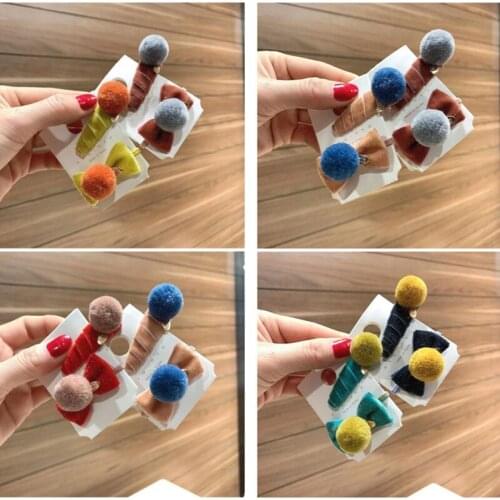 5set/lot Fashion Cute Fur Pom Pom Ball Bow Hairpins Velvet Bowknot Hair Clips Princess Headwear Girls Hair Accessories