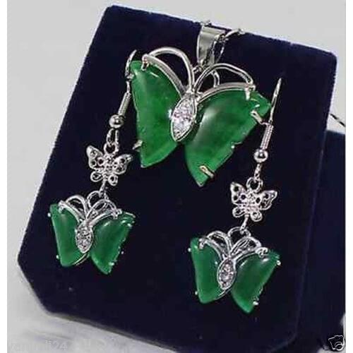 FREE SHIPPING>>@> Jewelry 001132 Jewelry green stone pendant necklace earring. set Natural jewelry