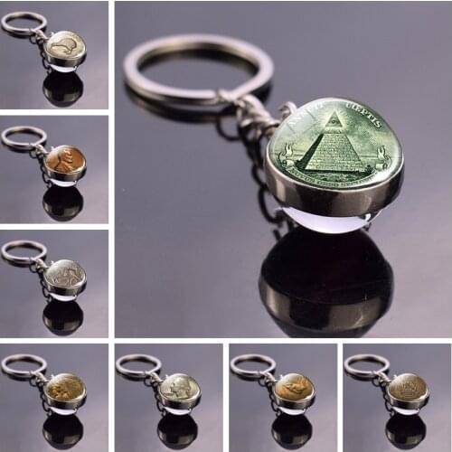 All Seeing Eye Key Chain Illuminati Dollar Bill Jewelry Pyramid Double Sided Glass Ball Keychain Coin Keys Fashion Accessories