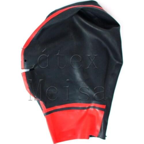 Adults black latex hood bdsm open mouth & nostrils with red trim color decoration attached back zipper