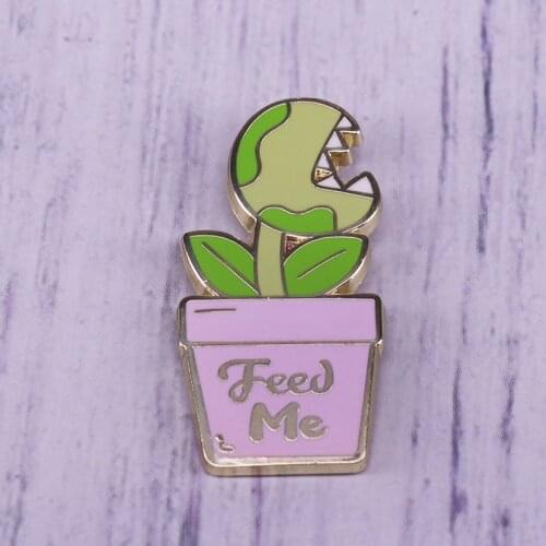 Little Shop Of Horrors lapel pin Feed Me Seymour enamel brooch Green plants in pink Flowerpot Badge