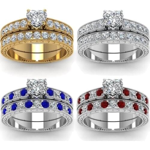 I & FDLK 2pcs/Set Exquisite Heart Rings Set Charm White Zircon Ring For Women Engagement Wedding Band Jewelry Gift