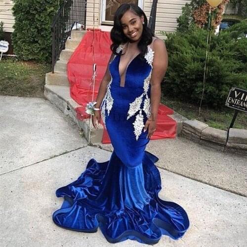 Royal Blue Velvet Mermaid Prom Dresses 2021 Appliques Sheer Neck Formal Evening Party Gown Dress Robe De Soiree