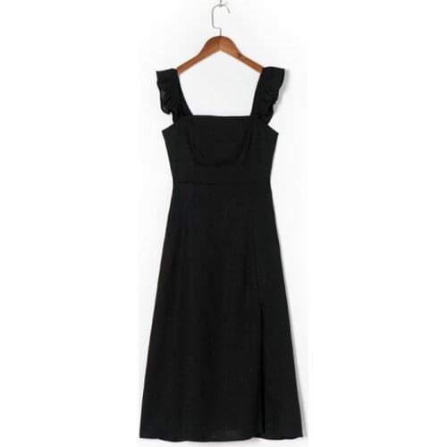Summer womens casual solid color ruffled slim-fit suspender dress with split ends