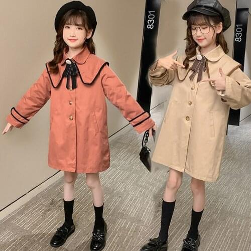 Spring and autumn fashion girls windbreaker young girls windbreaker jacket variety fashion girls bow middle long windbreaker