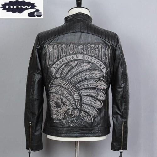 2021 FAshion Skulls Black Cowskin Motorcycle Genuine Leather Men Chief Pattern Locomotive Jacket Biker Coat Male