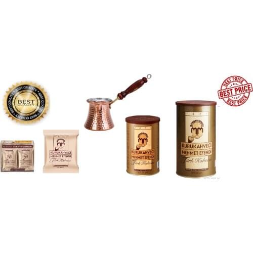 Kurukahveci Mehmet Efendi Turkish Coffee Set with Wooden Handle Copper Cezve Greek Arabic Engraved Coffee