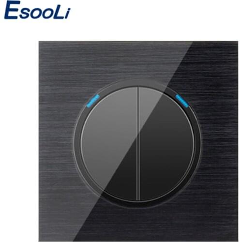 Esooli Luxury 2 Gang 1 Way Random Click On / Off Wall Light Switch With LED Indicator Black Aluminum Metal Panel