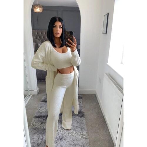 Sexyboutique New Elegant Solid Color Three-Piece Suit Women Casual Outwear Tops And Skinny Pant Ladies Warm Long Sleeve Coat