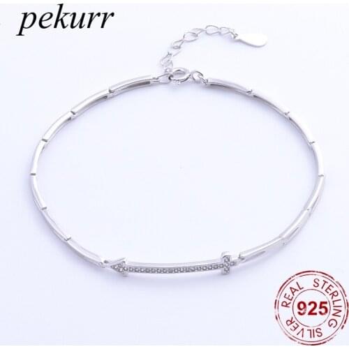 Pekurr 100% 925 Sterling Silver CZ Cross Arrow Womens Bracelets Fine Jewelry Charms Bangles For Girl Women Gift
