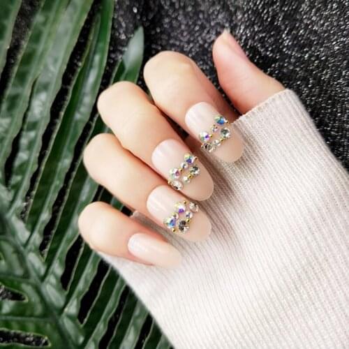 Super long fake nail round head 24pcs solid color nails full diamond crystal drill nail art 5 Color selection