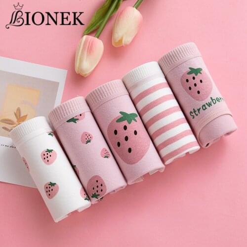 BIONEK Cute Cartoon Fruit Cotton Girls Underwear Breathable Printed Panties Women Strawberry Pure Cotton Soft And Skin-friendly
