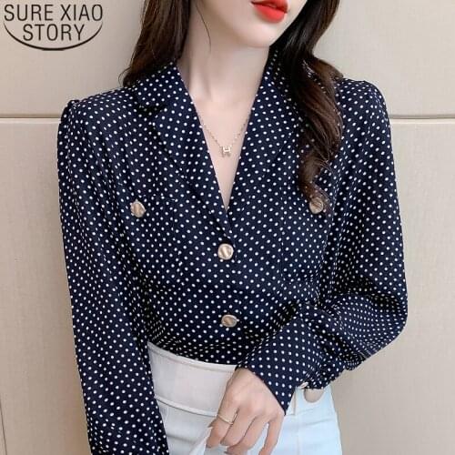 2021 Autumn New Shirt Suit Collar Long Sleeve Blouse Office Lady Fashion Polka Dot Chiffon Shirt Women Tops V-neck Clothes 17162