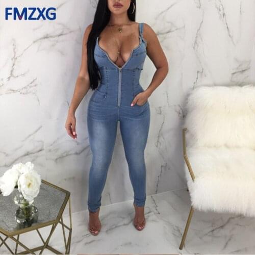 Sexy Club Deep V Spaghetti Strap Denim Jeans Jumpsuit Women Long Pants Sleeveless Backless Zipper Pocket Blue Jumpsuits Overalls