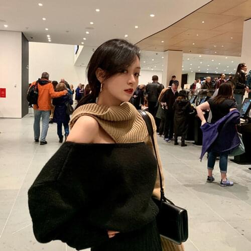 Women 2021 Autumn Winter Fashion Pullover Sweater Tops Female Knitted Patchwork Tops Ladies Slash Neck Loose Warm Tops Y311