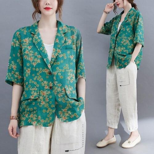 Summer Thin Blazer For Women Vintage Floral Print Fashion Loose Casual Oversize Jacket Single Button Cardigan Female Outerwear
