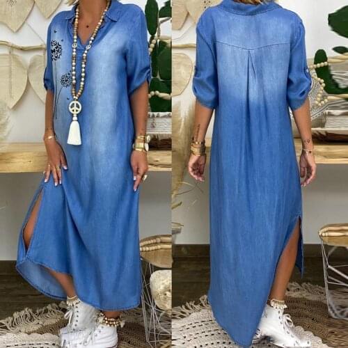 Summer Denim Dress 2021 Casual Women Butterflies Print Split V Neck Half Sleeve Dress for Party Fashion Long Dresses Vestidos