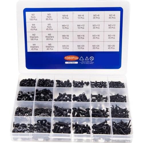 1060pcs M2 M3 M4 M5 Hex Socket Screw Set Carbon Steel Flat Round Cap Head Screws Bolts and Nuts Assortment Kit with Storage Box