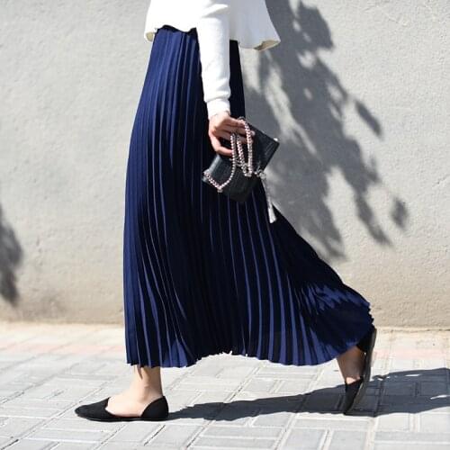 2020 Long Metallic Silver Maxi Pleated Skirt Womens Vintage Women Midi Skirt elastic high waist all-match females bottoms