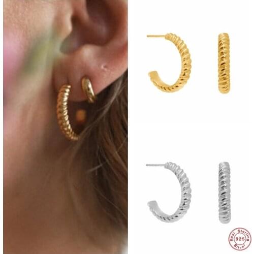 GS 925 Sterling Silver European American Style C-Shape Fine Earrings Trendy Pendientes Stud Earrings For Girls Birthday Gift