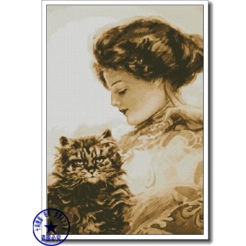 Free delivery Top Quality fashion counted cross stitch kit girl and cat kitty, lady woman and cat
